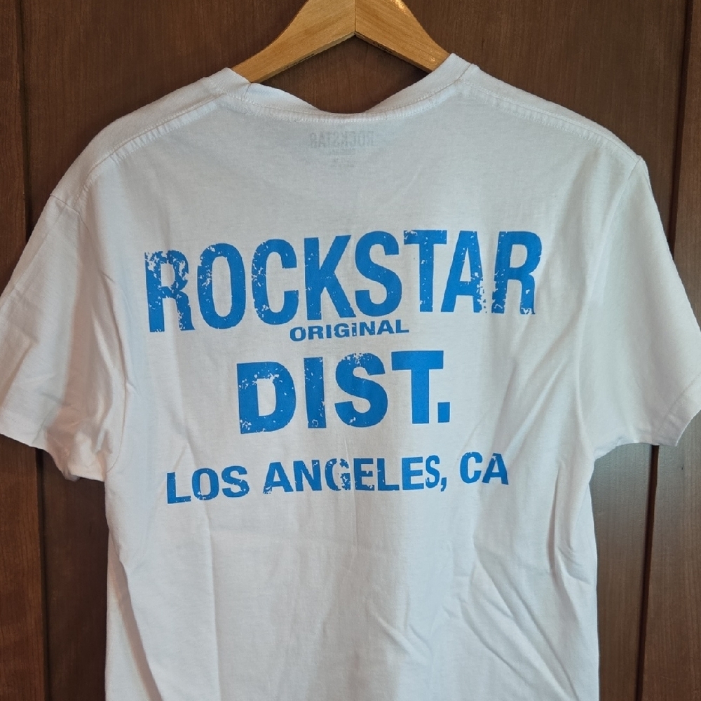 Rockstar Original Size Medium White T-Shirt with Blue Logo Front & Back - Unisex
